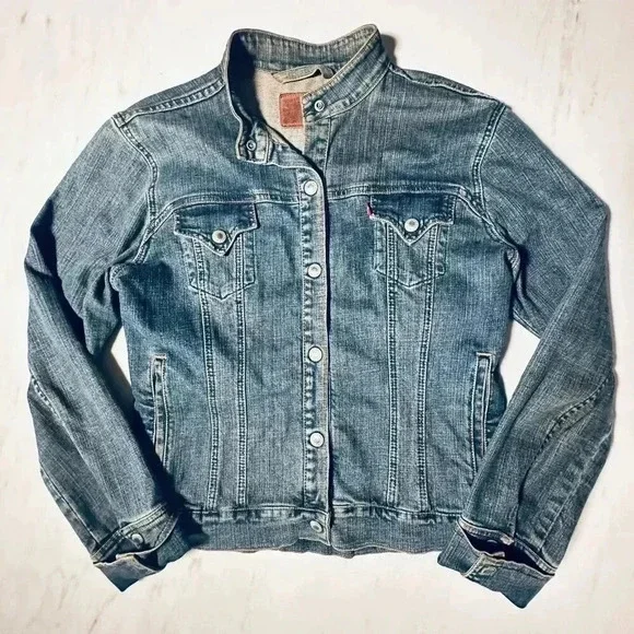 Vintage Women's Levi’s Collarless Jean Jacket - Snap Buttons - Denim Large L - Picture 1 of 13